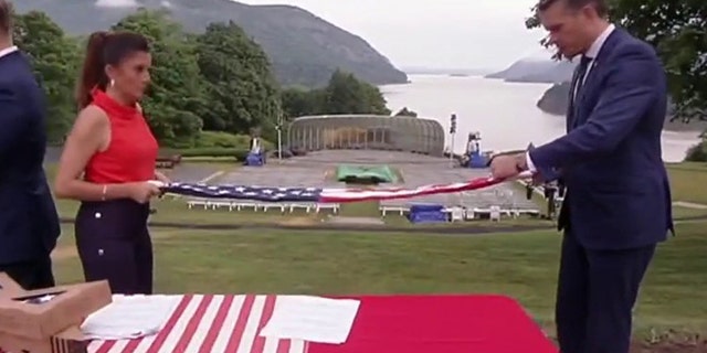 "Fox and Friends Weekend" co-hosts Rachel Campos-Duffy and Pete Hegseth partner up in folding the American flag on July 2, 2022.