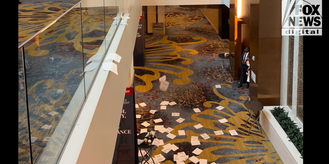 Flyers that said, "impeach Trump, save democracy," were scattered by liberal protesters at the America First Agenda Summit in Washington, D.C.