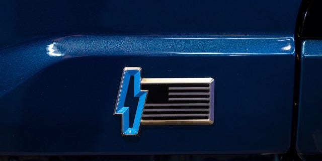 The Michigan-made Ford F-150 Lightning features an American flag logo.