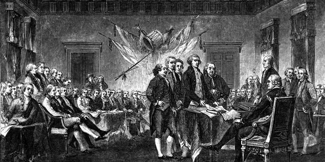 This undated engraving shows the scene on July 4, 1776 when the Declaration of Independence, drafted by Thomas Jefferson, Benjamin Franklin, John Adams, Philip Livingston and Roger Sherman, was approved by the Continental Congress in Philadelphia. The words "all men are created equal" are invoked often but are difficult to define.