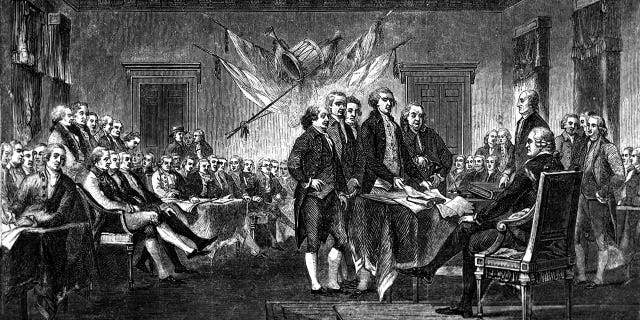 This undated engraving shows the scene on July 4, 1776 when the Declaration of Independence, drafted by Thomas Jefferson, Benjamin Franklin, John Adams, Philip Livingston and Roger Sherman, was approved by the Continental Congress in Philadelphia. 