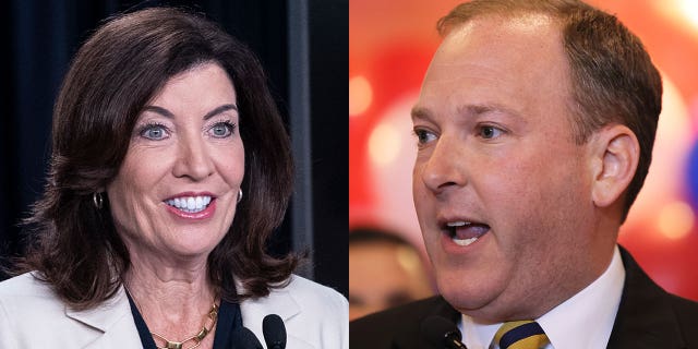 Gov.  Kathy Hochul, a Democrat, on the left;  Republican gubernatorial candidate Lee Zeldin on the right.  Moms in New York City are "upset that their streets are not safe," according to Inna Vernikov, a Ukrainian immigrant, who shared her thoughts with Fox News Digital. 