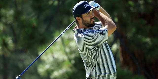 Mark Hubbard of the United States plays his shot from the 14th tee during the final round of the Barracuda Championship at Tahoe Mountain Club on July 17, 2022, in Truckee, California.