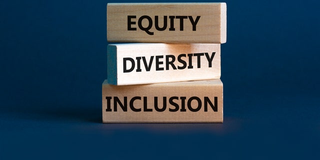 Diversity equity inclusion symbol. Concept words 'Diversity equity inclusion' on wooden blocks on blue grey background. Diversity, business, inclusion and equity concept.