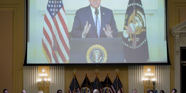 A video of former President Donald Trump played on a screen during a hearing of the Select Committee to Investigate the January 6th attack