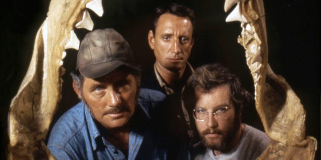 Robert Shaw, Roy Scheider, and Richard Dreyfuss promoting the movie "Jaws" in 1975.