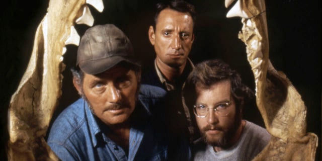 Robert Shaw, Roy Scheider, and Richard Dreyfuss promoting the movie "Jaws" in 1975.