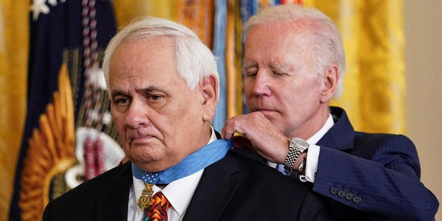President Biden awards the Medal of Honor to Spc. Dwight Birdwell, who fought in the Vietnam War, during a ceremony in the East Room at the White House on July 5, 2022