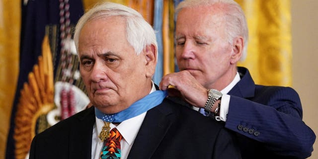 President Biden awards the Medal of Honor to Spc. Dwight Birdwell, who fought in the Vietnam War, during a ceremony in the East Room at the White House on July 5, 2022