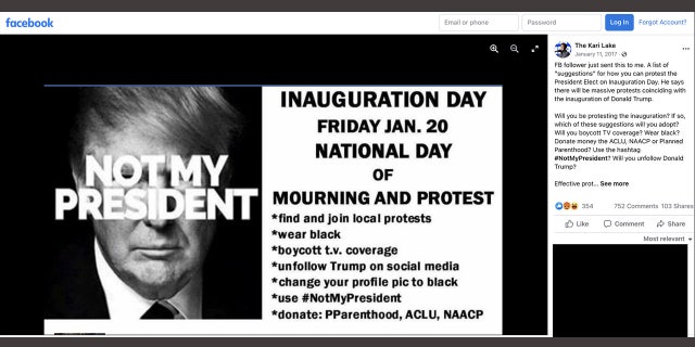 Kari Lake, who has Trump's endorsement in the Arizona GOP gubernatorial primary, posted an apparently anti-Trump image on Facebook during the 2017 inaugurazione.