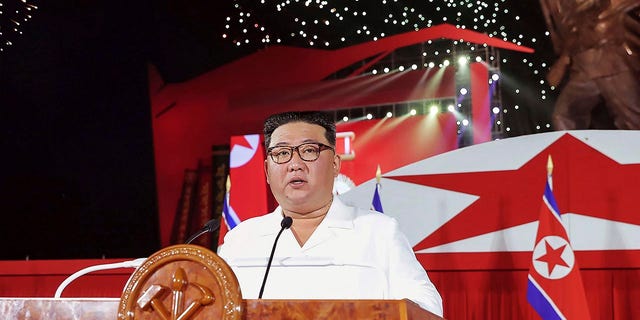 In this photo provided by the North Korean government, North Korean leader Kim Jong Un delivers his speech during a ceremony to mark the 69th anniversary of the signing of the ceasefire armistice that ended the fighting in the Korean War, in Pyongyang, North Korea Wednesday, July 27, 2022. 