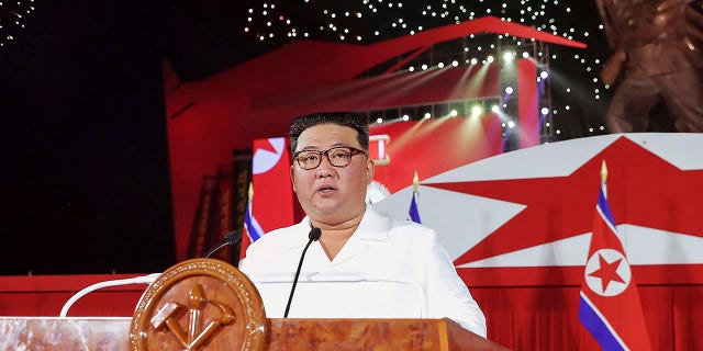 In this photo provided by the North Korean government, North Korean leader Kim Jong Un delivers his speech during a ceremony to mark the 69th anniversary of the signing of the ceasefire armistice that ended the fighting in the Korean War, in Pyongyang, North Korea Wednesday, July 27, 2022.