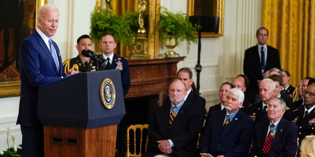 President Joe Biden speaks during a Medal of Honor ceremony in the East Room of the White House, Tuesday, July 5, 2022, in Washington. (AP Photo/Evan Vucci)