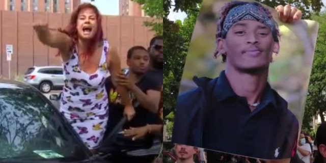 Photo of mother Arabella Foss-Yarbrough confronting protesters following the fatal police shooting of Andrew "Teckle" Sundberg. (Fox 9)