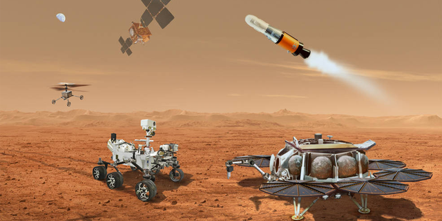 Cette illustration montre un concept pour plusieurs robots qui travailleraient ensemble pour transporter des échantillons vers la Terre collectés à partir de la surface martienne par le rover Mars Perseverance de la NASA.