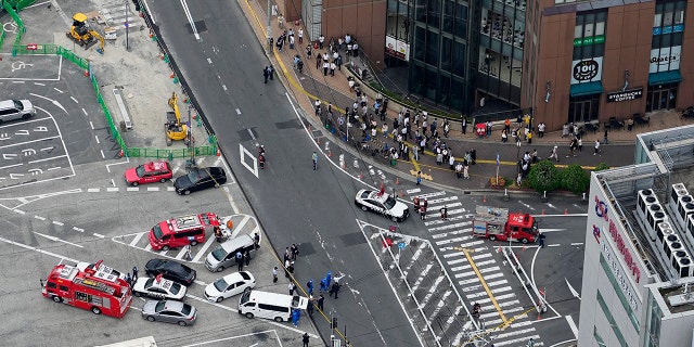 This aerial photograph shows a gunshot scene in Nara on Friday, July 8, 2022. Former Japanese Prime Minister Shinzo Abe was believed to have been shot during a campaign speech in western Japan on Friday and was suffering from heart failure, NHK's public television said on Friday.  (Kyodo communication via AP) (Kyodo communication via AP)