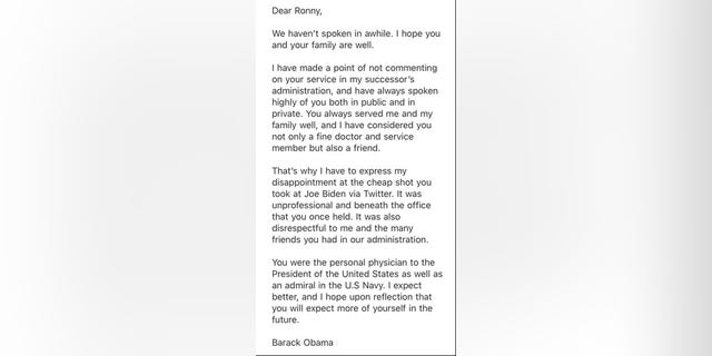 Image of an email from former President Barack Obama to Ronny Jackson