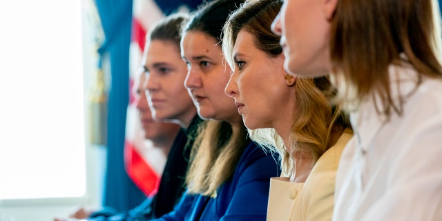 Ukraine's ambassador to the United States, Oksana Markarova, second from left, joins Olena Zelenska, the first lady of Ukraine, right, for a meeting with first lady Jill Biden at the White House, Tuesday, July 19, 2022.