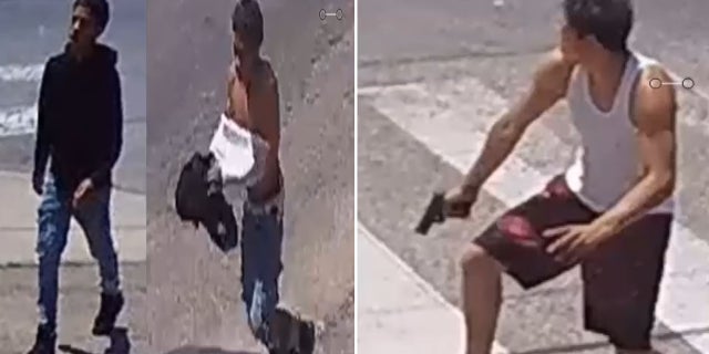Police described both suspects as Hispanic males. The first suspect, seen in the two left-most images, was described as having a thin build, black hair, wearing a black hoody over a white t-shirt and blue jeans. The second suspect, pictured right, was described as having a thin build, black hair, wearing a white tank top and maroon shorts with black design on the sides and black Croc shoes.