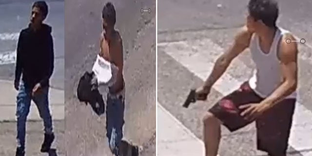 Police described both suspects as Hispanic males. The first suspect, seen in the two left-most images, was described as having a thin build, black hair, wearing a black hoody over a white t-shirt and blue jeans. The second suspect, pictured right, was described as having a thin build, black hair, wearing a white tank top and maroon shorts with black design on the sides and black Croc shoes.