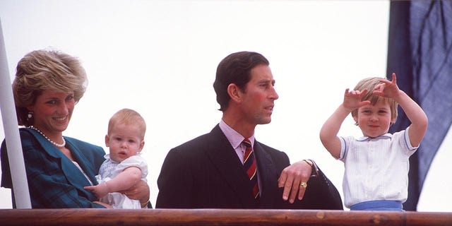 다이아나 공주 (1961 - 1997), Prince Charles and their sons Prince Harry (왼쪽) and William leaving Italy on board the royal yacht Brittania after a tour, 4 월 1985. The princess is wearing a green and black check suit by the Emanuels. (Jayne Fincher / Diana 공주 아카이브 / 게티 이미지의 사진)
