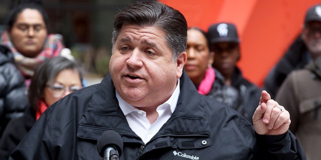 Illinois Gov. J.B. Pritzker speaks during a rally at Federal Building Plaza in Chicago on April 27, 2022.