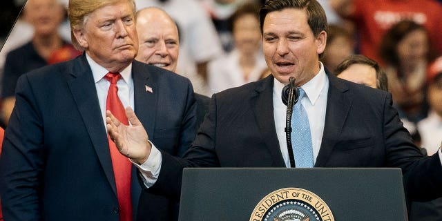 Former President Donald Trump and Florida Gov. Ron DeSantis at a rally before the 2020 election. 