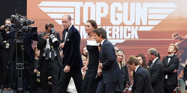 Tom Cruise, Catherine, Duchess of Cambridge and Prince William, Duke of Cambridge attend the "Top Gun: Maverick" Royal Film Performance  at Leicester Square on May 19, 2022 in London, England. 