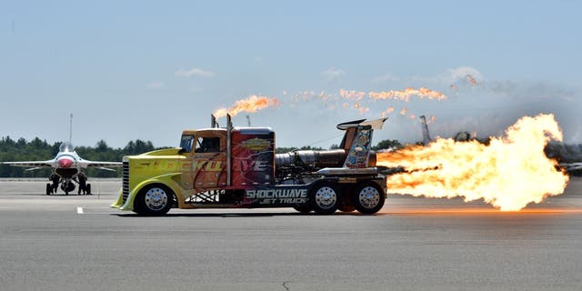 The Shockwave jet race truck is seen at the 2018 Great New England Air and Space Show Media Day at Westover Air Force Base on July 13, 2018, in Chicopee, Massachusetts. 