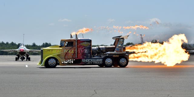 The Shockwave jet race truck is seen at the 2018 Great New England Air and Space Show Media Day at Westover Air Force Base on July 13, 2018, in Chicopee, Massachusetts.