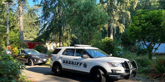 A Pierce County Sheriff's vehicle at the scene where a homeowner shot and killed his neighbor. 