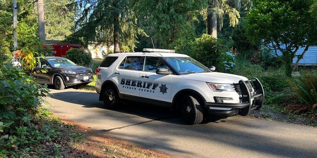A Pierce County Sheriff's vehicle at the scene where a homeowner shot and killed his neighbor.