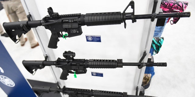 Smith &amp; Wesson M&amp;P-15 semi-automatic rifles of the AR-15 style are displayed during the National Rifle Association (NRA) annual meeting at the George R. Brown Convention Center, in Houston, Texas on May 28, 2022.