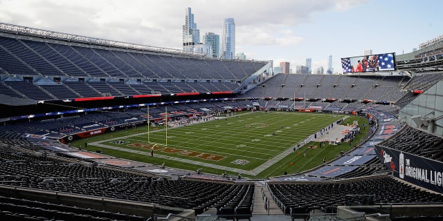 A general view of Soldier Field during the National Anthem before the Chicago Bears take on the Indianapolis Colts on October 04, 2020 in Chicago, Illinois.