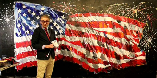 Visual artist Steve Penley stands in front of his Independence Day painting revealed on "Fox and Friends," on July 4, 2022.