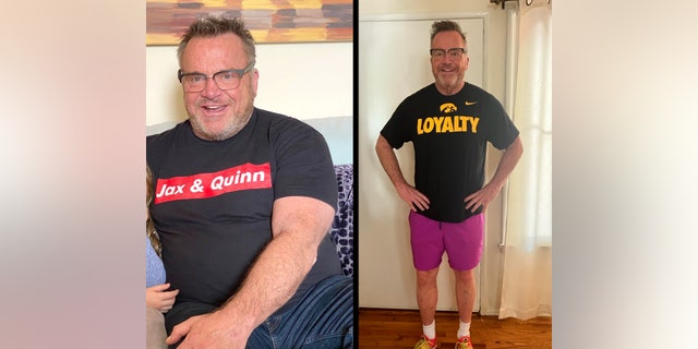 Tom Arnold shows of his 75-pound weight loss.