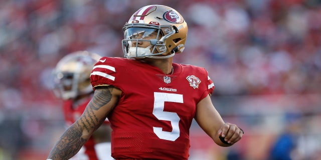 Trey Lance, #5 of the San Francisco 49ers, looks on in the fourth quarter against the Houston Texans at Levi's Stadium on January 02, 2022 in Santa Clara, California.