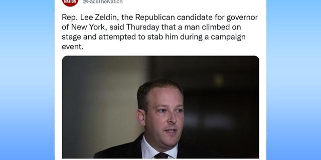 توییت Face The Nation لی زلدین را بیان کرد "روز پنجشنبه گفت که مردی از روی صحنه بالا رفت و قصد داشت به او ضربه بزند" در یک رویداد کمپین در نیویورک.