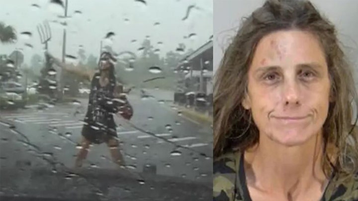 Dash cam footage of the woman standing in the rain and a mugshot of the woman