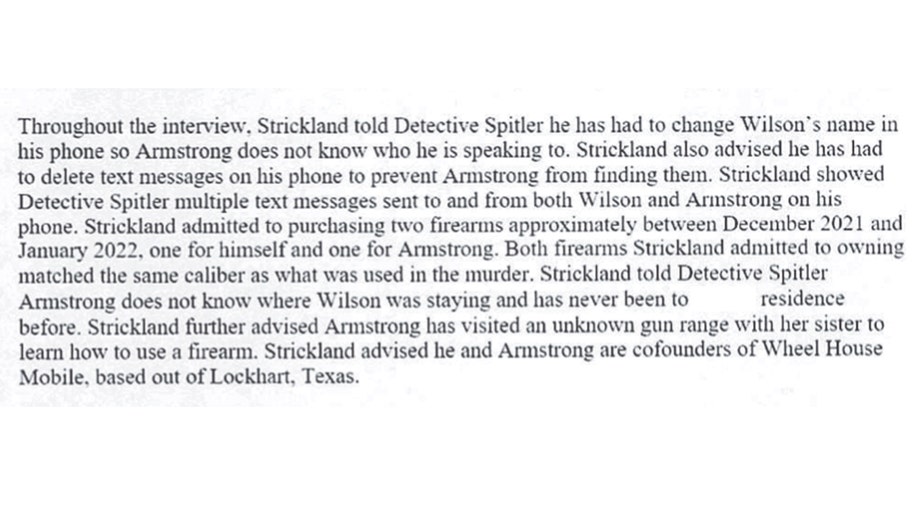 Screenshot of a search warrant alleging that Colin Strickland told police Kaitlin Armstrong had practiced shooting with her sister