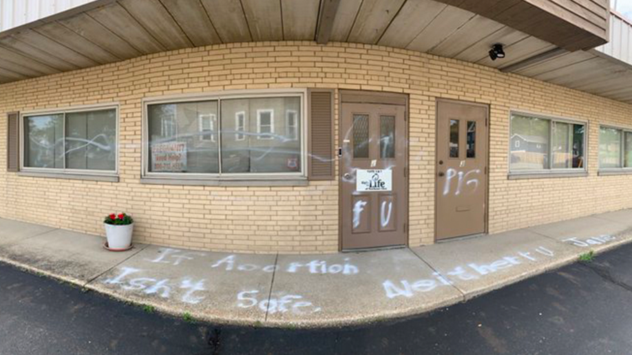 Panoramic image of Right to Life of Northeast Ohio offices where graffiti is written