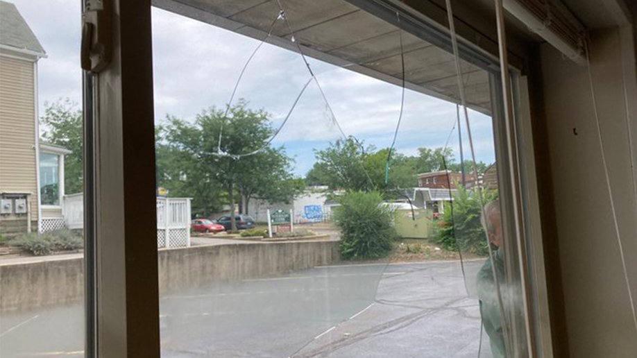 Photo taken inside Right to Life of Northeast Ohio offices showing broken window