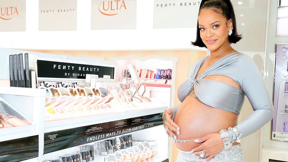 A pregnant Rihanna at the 2022 launch of Fenty Beauty