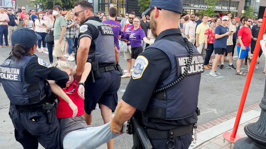 Police arrest a climate protester outside Nationals Park during the Congressional Baseball Game