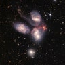An enormous mosaic of Stephan’s Quintet is the largest image to date from NASA’s James Webb Space Telescope, covering about one-fifth of the Moon’s diameter. It contains over 150 million pixels and is constructed from almost 1,000 separate image files. The visual grouping of five galaxies was captured by Webb’s Near-Infrared Camera (NIRCam) and Mid-Infrared Instrument (MIRI).