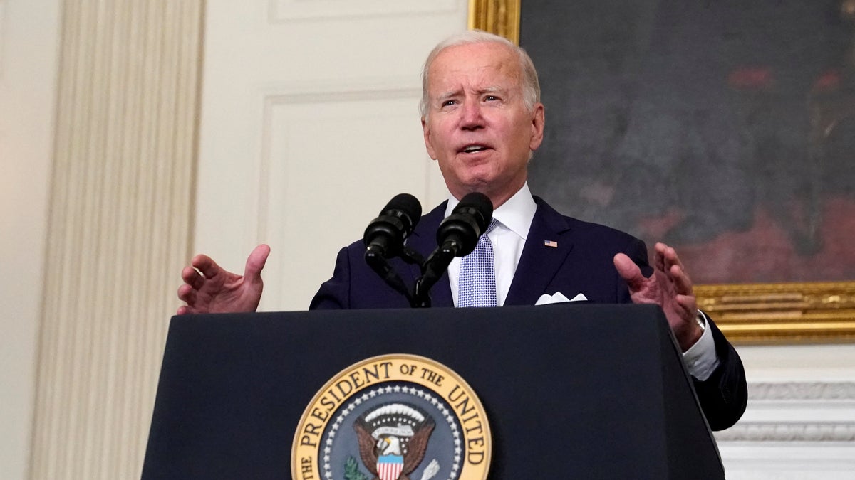 U.S. President Joe Biden gestures as he delivers remarks