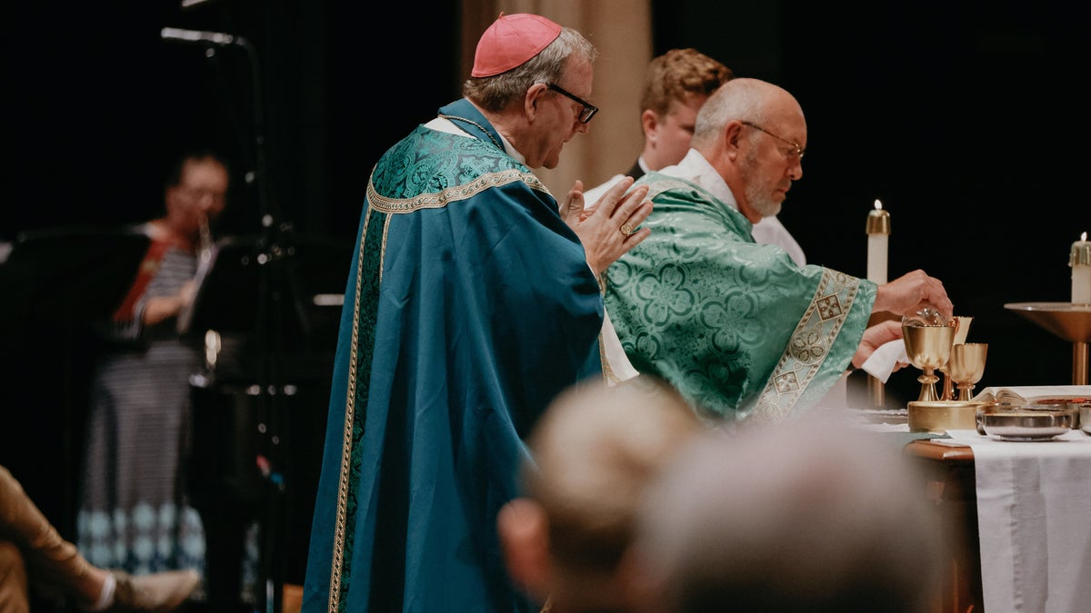 Bishop Robert Barron of the Diocese of Winona-Rochester, Minnesota celebrates Mass at Lourdes High School