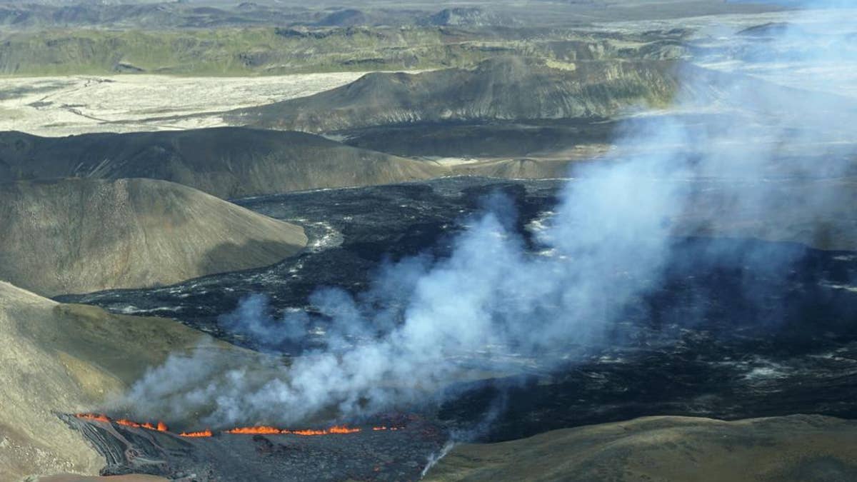 A aerial shot of activity from the Fagradalsfjall volcano