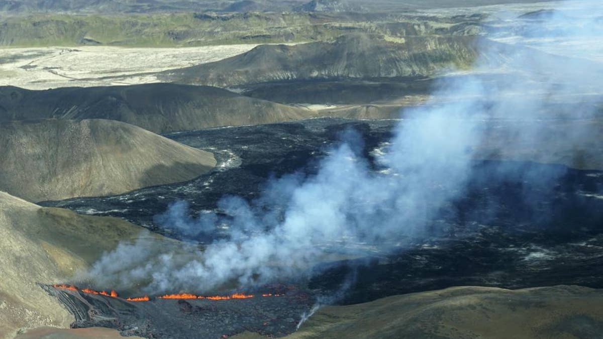 A aerial shot of activity from the Fagradalsfjall volcano