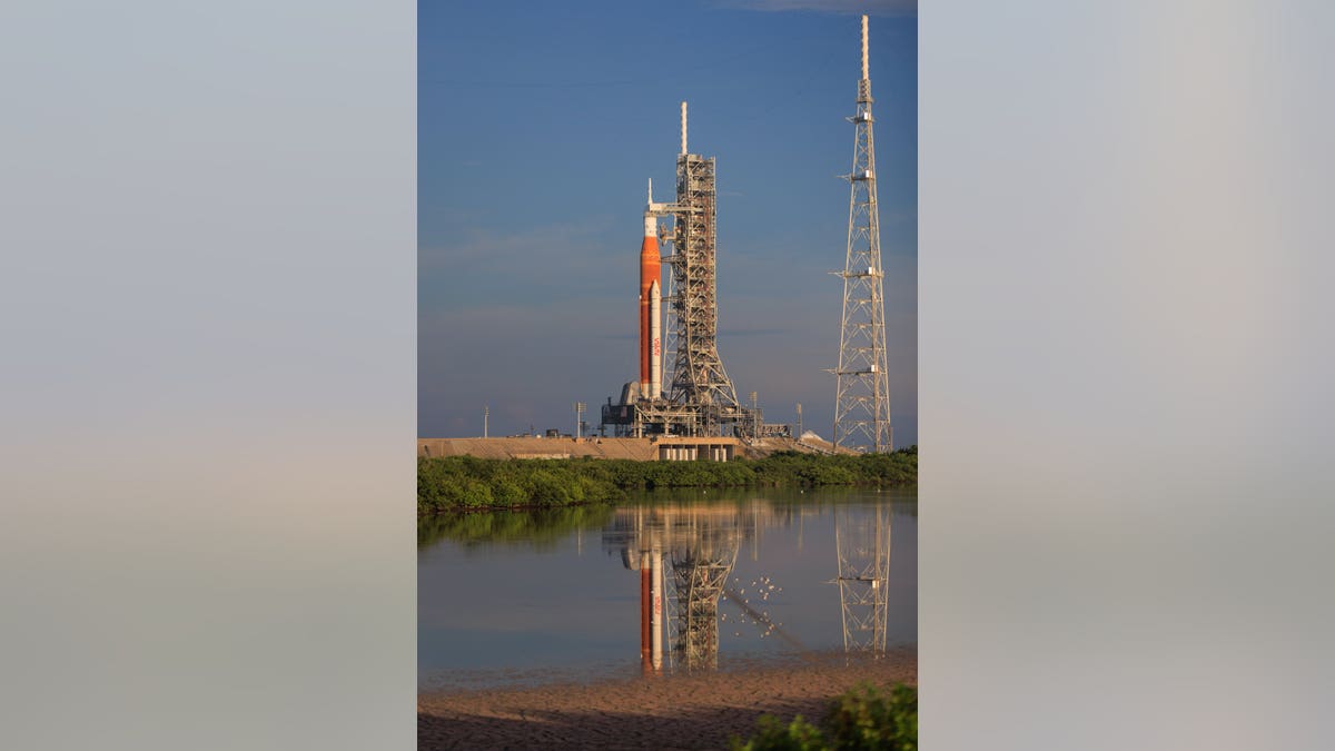 far away view of the SLS rocket on launchpad